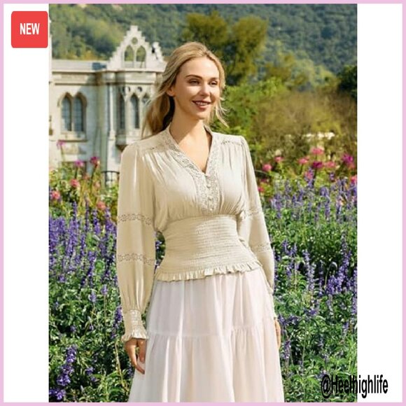 Renaissance Boho Blouse Long Sleeve V Neck Smocked Peasant Top - Picture 4 of 8